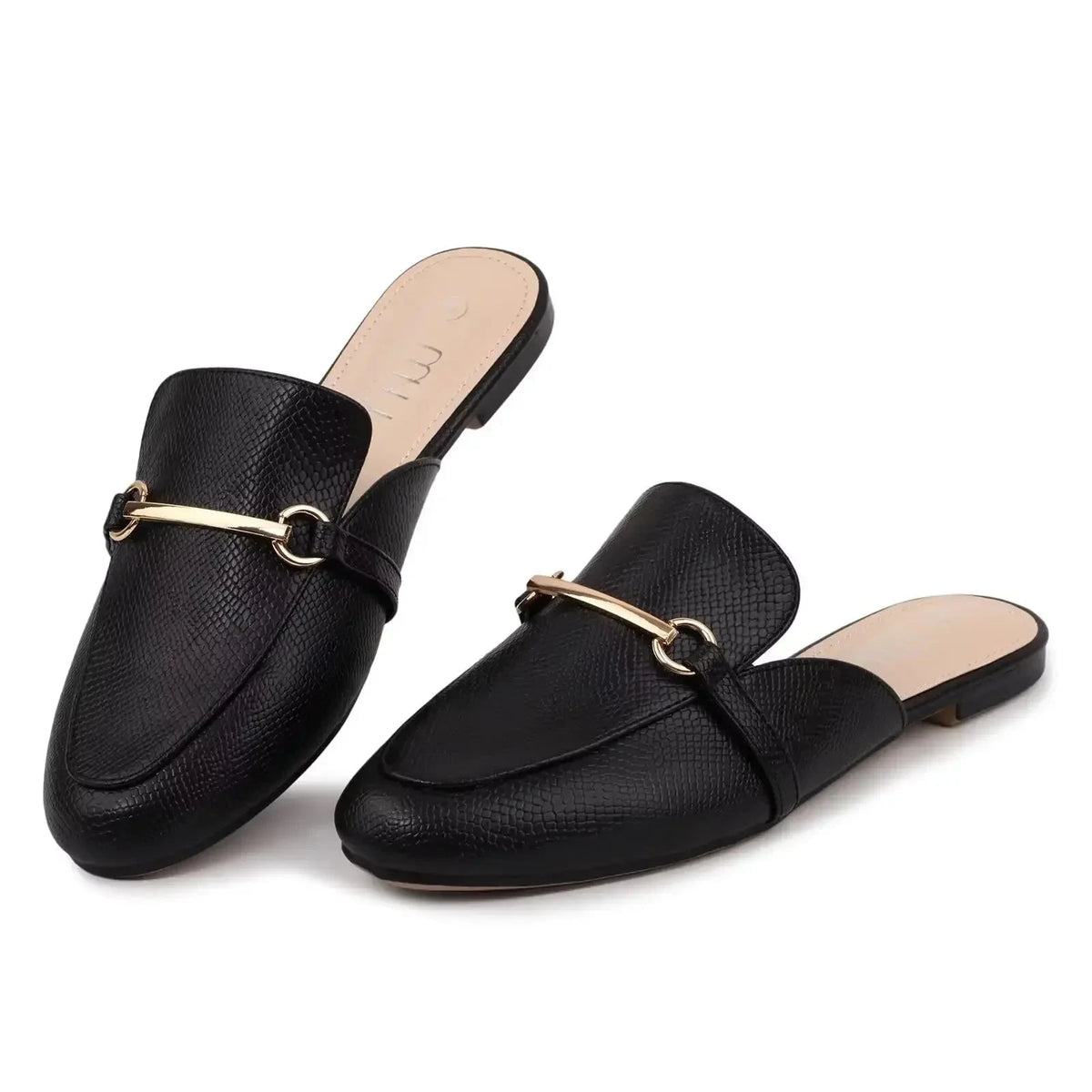 Mussoe fivela mules para mulher dedo do pé redondo sem costas sapatos planos confortáveis mocassins sem costas senhoras deslizamento em meia arrasto mules planos