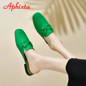 Aphixta-square toe flip flops para mulheres, chinelos clássicos, verde e laranja, mulas de praia de calcanhar plano, novo design de verão